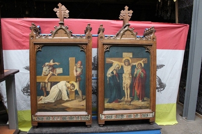 Stations Of The Cross Painted On Canvas style Gothic - style en Oak frames / Oilpainted on Canvas, Belgium 19th century ( anno 1875 )