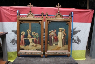 Stations Of The Cross Painted On Canvas style Gothic - style en Oak frames / Oilpainted on Canvas, Belgium 19th century ( anno 1875 )