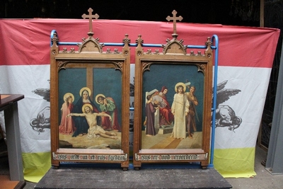 Stations Of The Cross Painted On Canvas style Gothic - style en Oak frames / Oilpainted on Canvas, Belgium 19th century ( anno 1875 )