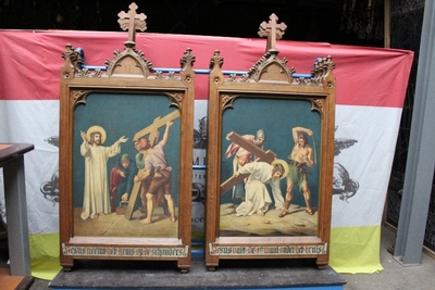 Stations Of The Cross Painted On Canvas style Gothic - style en Oak frames / Oilpainted on Canvas, Belgium 19th century ( anno 1875 )