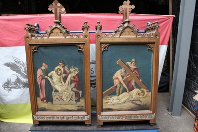 Stations Of The Cross Painted On Canvas style Gothic - style en Oak frames / Oilpainted on Canvas, Belgium 19th century ( anno 1875 )