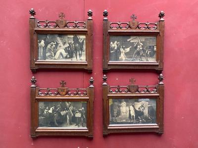 Stations Of The Cross Signed By : Fugel style Gothic - style en Hand - Carved Oak Frames / Prints, Belgium 20 th century ( Anno 1908 )