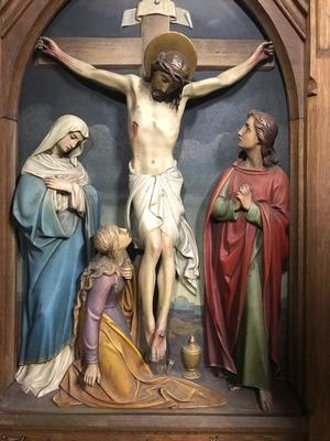 Stations Of The Cross. Signed  : Henri Gerard Namur Belgium style Gothic - style en Oak Wooden Frames / Wood Pap Reliefs, Namur Belgium 19th century