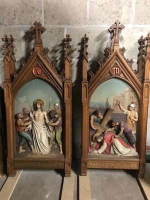 Stations Of The Cross. Signed  : Henri Gerard Namur Belgium style Gothic - style en Oak Wooden Frames / Wood Pap Reliefs, Namur Belgium 19th century