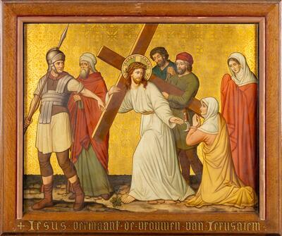 Stations Of The Cross. These Stations Did Survive The Bombing Of The Church style Gothic - Style en Hand Painted on Brass / Framed / Oak Frames, Belgium  19 th century ( Anno 1890 )