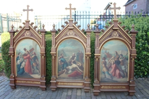 Stations Of The Cross style Romanesque en Painted on zink / Oak Frames, France 19th century