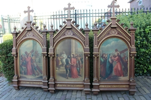 Stations Of The Cross style Romanesque en Painted on zink / Oak Frames, France 19th century