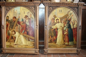 Stations Of The Cross style Romanesque en Hand - Painted on Zinc / Oak Frames, Dutch ( Church at Nuenen ) 19th century