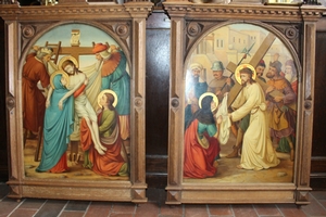 Stations Of The Cross style Romanesque en Hand - Painted on Zinc / Oak Frames, Dutch ( Church at Nuenen ) 19th century