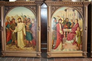 Stations Of The Cross style Romanesque en Hand - Painted on Zinc / Oak Frames, Dutch ( Church at Nuenen ) 19th century