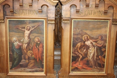 Stations Of The Cross style Romanesque en Walnut Frames / Painted on linen, France 19th century