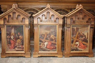 Stations Of The Cross style Romanesque en Walnut Frames / Painted on linen, France 19th century