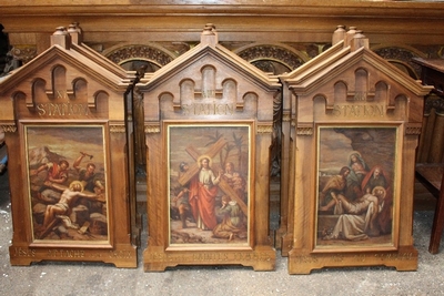 Stations Of The Cross style Romanesque en Walnut Frames / Painted on linen, France 19th century