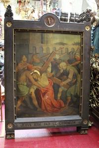 Stations Of The Cross en Painted on Canvas / Oak Frames, Belgium 19th century / anno 1890