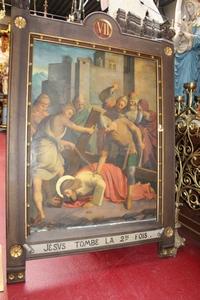 Stations Of The Cross en Painted on Canvas / Oak Frames, Belgium 19th century / anno 1890