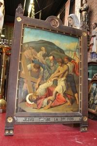 Stations Of The Cross en Painted on Canvas / Oak Frames, Belgium 19th century / Anno 1890