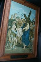 Stations Of The Cross Painted On Canvas en wood oak / Canvas, Dutch 19 th century