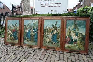 Stations Of The Cross Painted On Canvas en Oak Frames / Canvas, Dutch 19th century