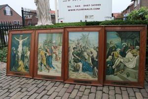 Stations Of The Cross Painted On Canvas en Oak Frames / Canvas, Dutch 19th century