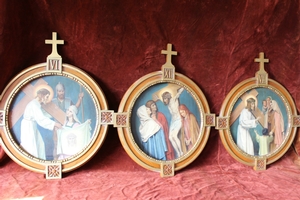 Stations Of The Cross. Signed: By M. Feurer 1930. en Hand - Painted on Zinc / Oak Frames, Belgium 20th century