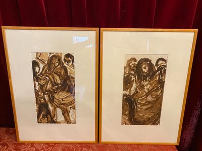 Stations Of The Cross Signed: E Slegers en Aquarelle / Wooden Frames / Glass, Belgium 20th Century