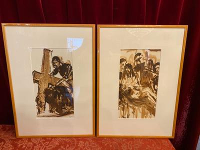 Stations Of The Cross Signed: E Slegers en Aquarelle / Wooden Frames / Glass, Belgium 20th Century