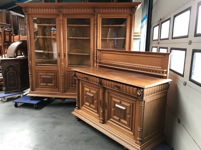 Bookcase With Matching Sideboard / Perfect Condition en Oak wood, Dutch 19th century