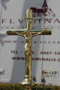 Altar Set Candle Sticks With Cross en Brass / Bronze, Belgium 19th century