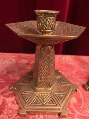 Altar Set Height Cross 30 Cm H. Measures Are From The Cross en Bronze / Gilt, Belgium 20th century