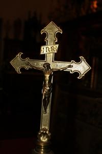 Altar - Set Pair Of Candle Sticks With Matching Cross en bronze, Belgium 19th century