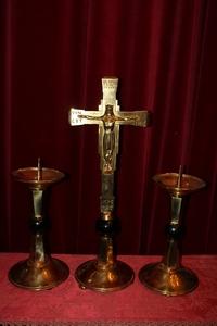 Altar Set Matching Candle Sticks With Cross. Measures From The Cross style ART - DECO en Bronze, Belgium 20th century