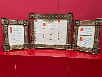 Exceptional Art Nouveau Set Canon Boards. Applications 4 Evangelists Measurements : 1 X 60 W X 50 H Cm. 2 X 33 W  X 42 H Cm. en Brass / Bronze / Gilt / Glass, France 20 th century ( Anno 1935 )