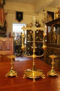 Altar Set Height Cross 60 Cm / 24 Inches. Candle Sticks Are Sold ! style Gothic - style en bronze, Belgium 19th century