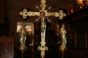 Altar Set Height Cross 60 Cm / 24 Inches. Candle Sticks Are Sold ! style Gothic - style en bronze, Belgium 19th century