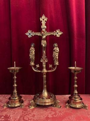 Calvary-Scene + 2 Matching Candle-Holders style Gothic - style en Bronze / Gilt / Stones, Belgium  19th century ( anno 1875 )