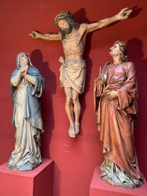 Calvary Scene Corpus Christi St. Mary & St. John style Nazarene en Fully hand - carved wood polychrome, Germany 19th century