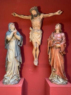 Calvary Scene Corpus Christi St. Mary & St. John style Nazarene en Fully hand - carved wood polychrome, Germany 19th century