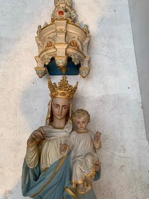 St. Mary Statue With Matching Pedestal And Baldachin en Terra-Cotta Polychrome, France 19th century ( anno 1875 )