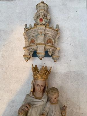 St. Mary Statue With Matching Pedestal And Baldachin en Terra-Cotta Polychrome, France 19th century ( anno 1875 )