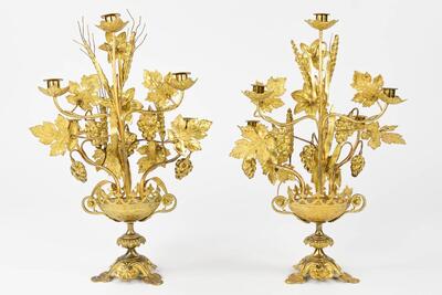 Floral Candle Holders With Matching Wall Sanctuary Lights en Brass / Bronze / Gilt, France 19 th century