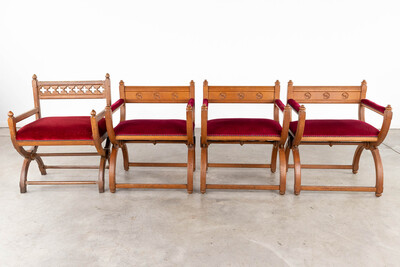 Chairs  style Gothic - Style en Oak Wood / Red Velvet, Belgium  19 th century