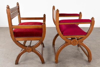 Chairs  style Gothic - Style en Oak Wood / Red Velvet, Belgium  19 th century