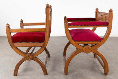 Chairs  style Gothic - Style en Oak Wood / Red Velvet, Belgium  19 th century