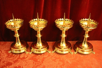 Matching Candle Sticks style Gothic - style en Brass / Polished / New Varnished, Belgium 19th century