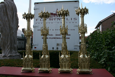 Matching Candle Sticks Altar Set Height Without Pin. style Gothic - Style en Bronze / Polished / New Varnished, France 19th century ( anno 1865 )