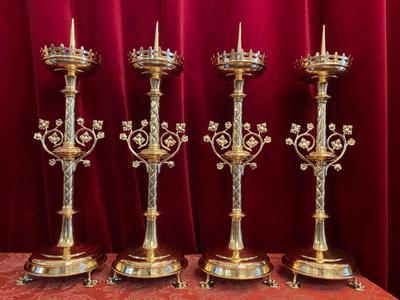 Matching Candle Sticks Height Without Pin.  style Gothic - style en Brass / Bronze / Polished and Varnished, Belgium 19 th century ( Anno 1890 )