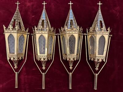 Matching Lanterns style Gothic - Style en Brass / Bronze / Polished and Varnished / Glass, Belgium  19 th century ( Anno 1885 )