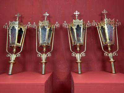 Matching Lanterns style Gothic - Style en Brass / Bronze / Glass / Polished and Varnished, Belgium 19th century ( anno 1890 )