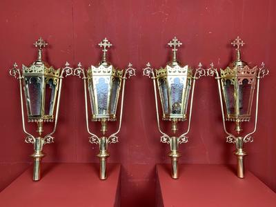 Matching Lanterns style Gothic - Style en Brass / Bronze / Glass / Polished and Varnished, Belgium 19th century ( anno 1890 )