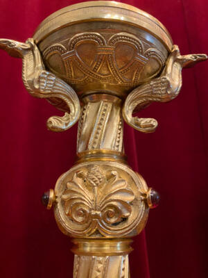 Matching Candle Sticks Measures Without Pin  style Romanesque - Style en Bronze / Gilt Polished and Varnished / Stones, France 19 th century ( Anno 1890 )